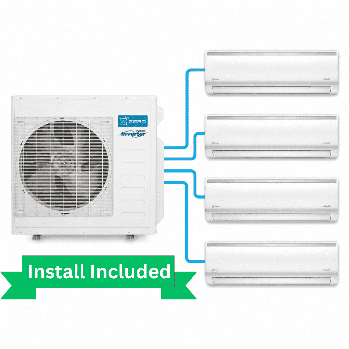 Zero 4 Zone (4 Head) Ductless Multi-Zone Heat Pump System – 36,000 BTU (4 × 9,000 BTU)
